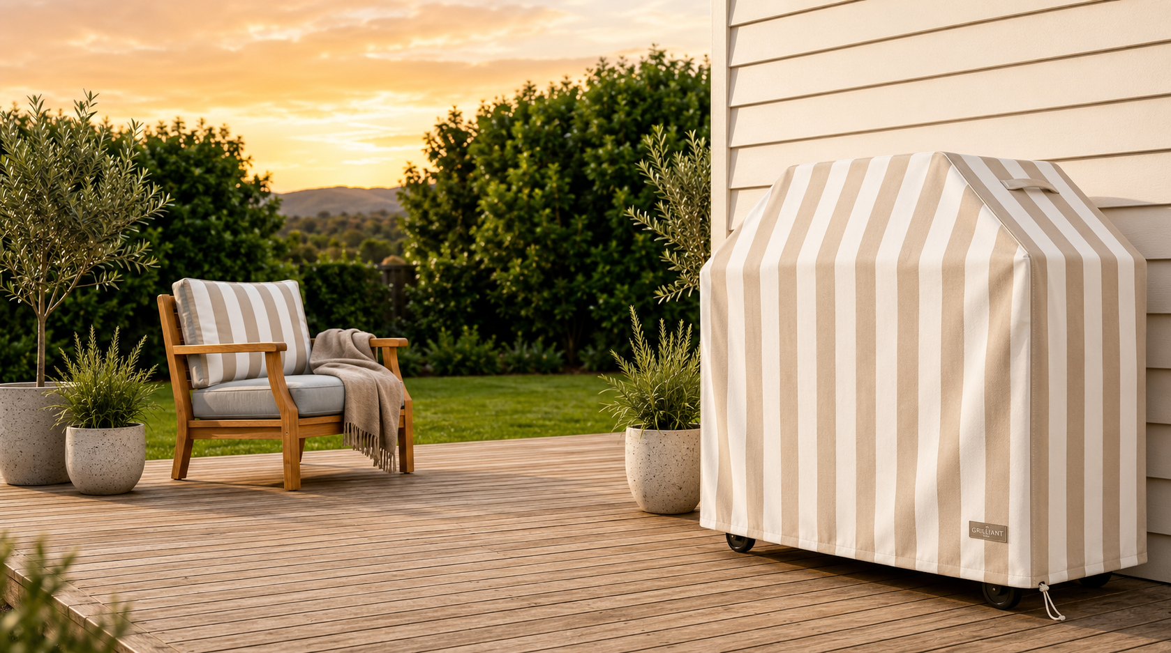 The Grilliant Signature Stripe Cover on a patio